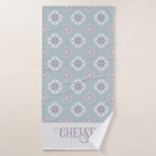 Personalised Name Pink Flower Pattern on Green Bath Towel
