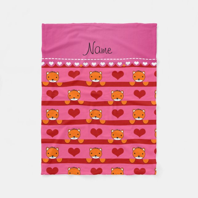 Personalised name pink foxes red hearts stripes fleece blanket (Front)