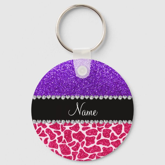 Personalised name pink giraffe purple glitter key ring (Front)
