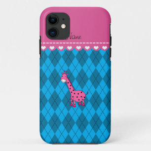 Personalised name pink giraffe sky blue argyle iPhone 11 case