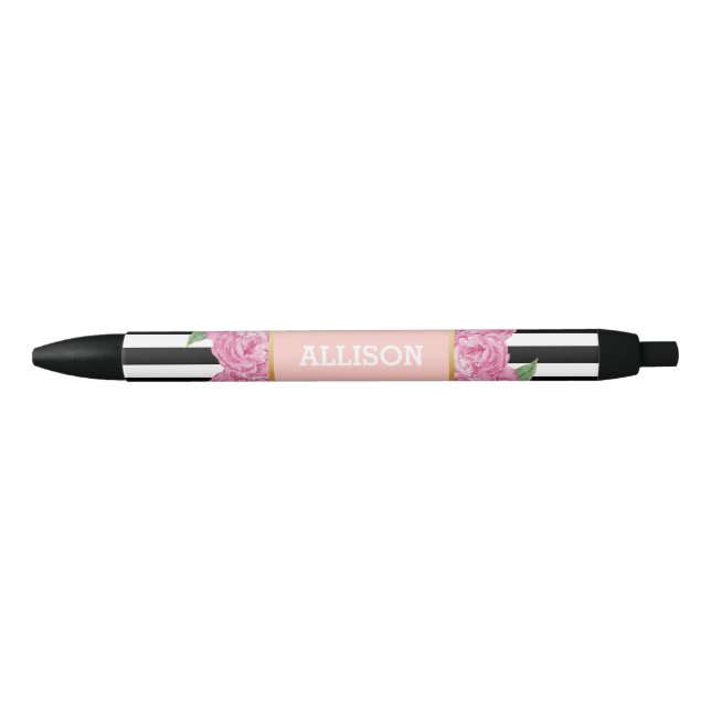 Personalised Name Pink Glam Black Stripes Peony Black Ink Pen (Front)