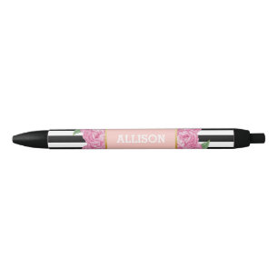 Personalised Name Pink Glam Black Stripes Peony Ink Pen