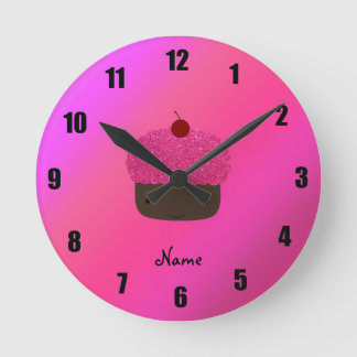 Personalised name pink glitter cupcake round clock