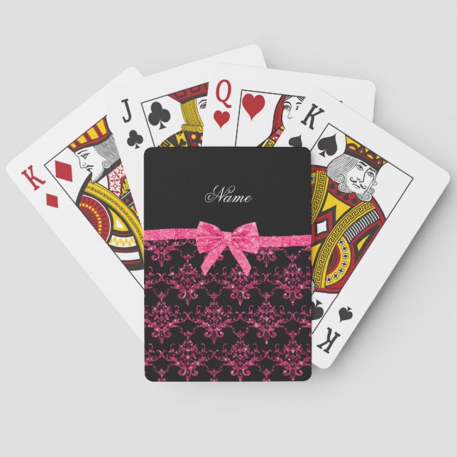 Personalised name pink glitter damask pink bow playing cards (Back)