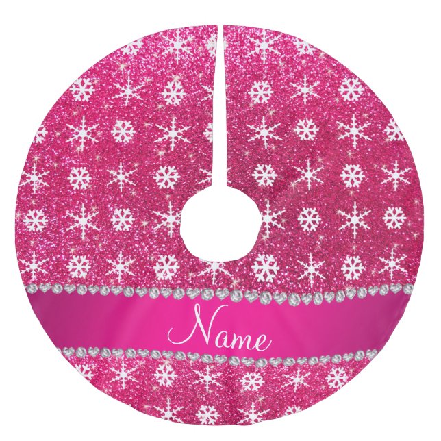 Personalised name pink glitter white snowflakes brushed polyester tree skirt (Front)