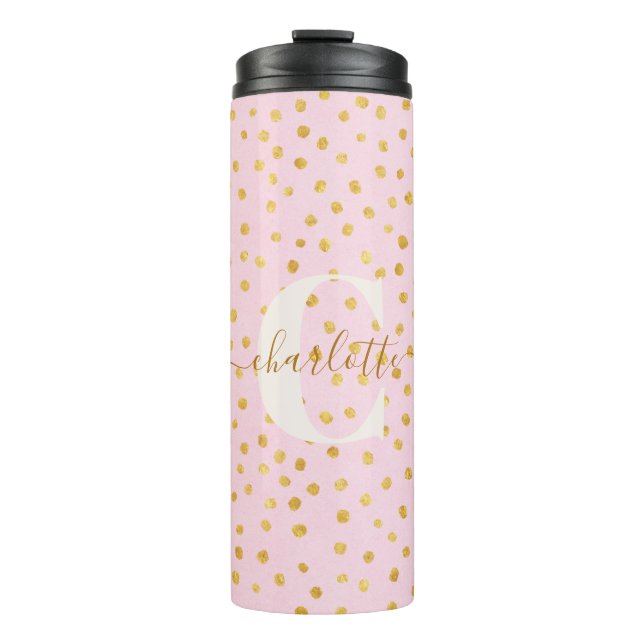Personalised Name Pink Gold Confetti Polka Dots Thermal Tumbler (Front)