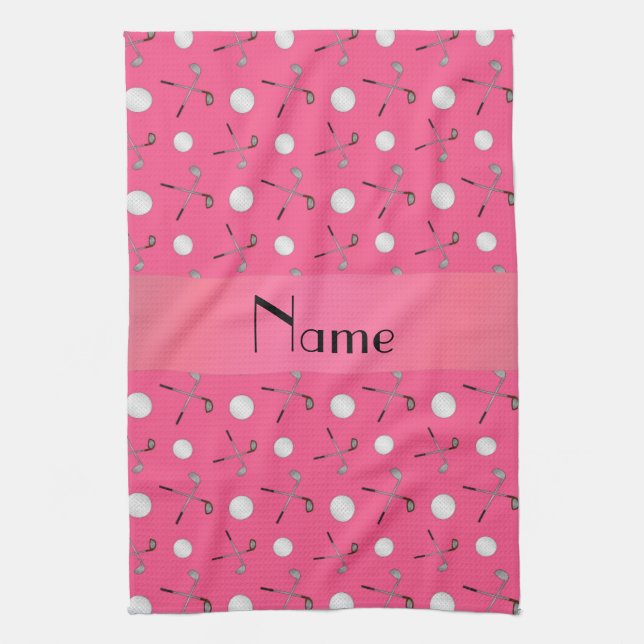 Personalised name pink golf balls tea towel (Vertical)