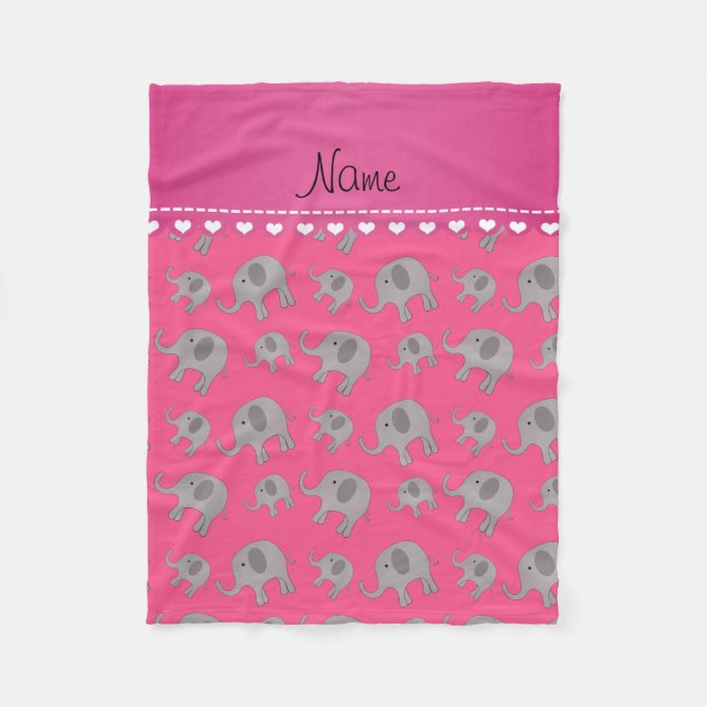 Personalised name pink grey elephants fleece blanket (Front)