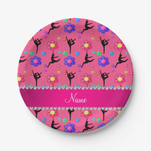 Personalised name pink gymnastics flowers paper plate