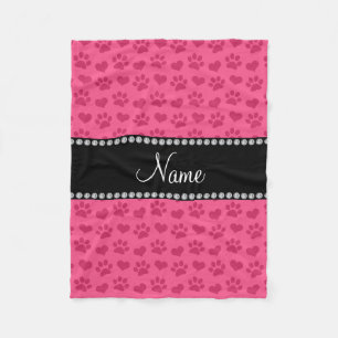 Personalised name pink hearts and paw prints fleece blanket