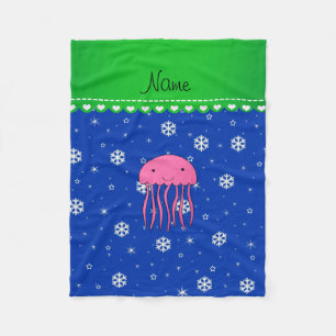 Personalised name pink jellyfish blue snowflakes fleece blanket