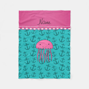Personalised name pink jellyfish turquoise anchors fleece blanket