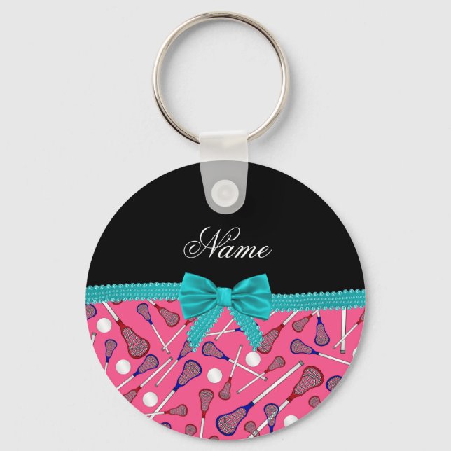 Personalised name pink lacrosse turquoise bow key ring (Front)