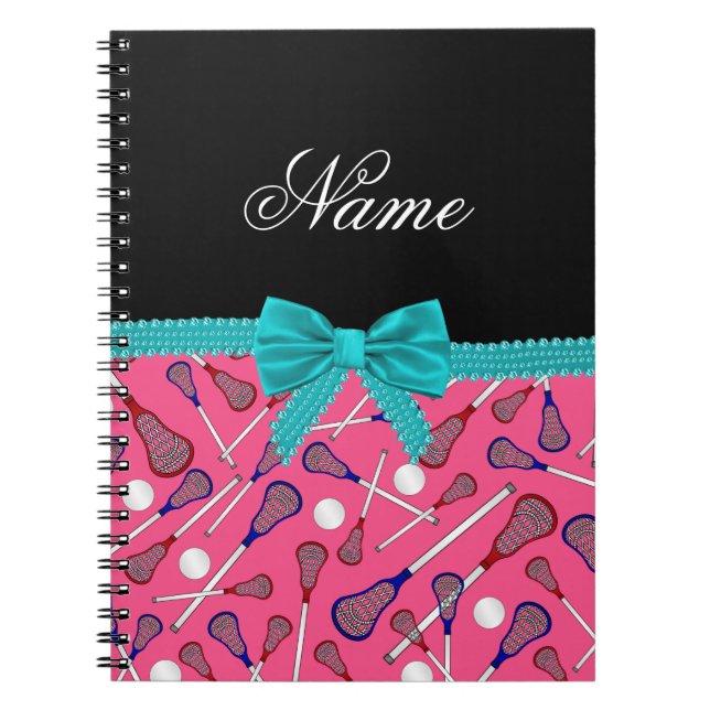 Personalised name pink lacrosse turquoise bow spiral notebook (Front)