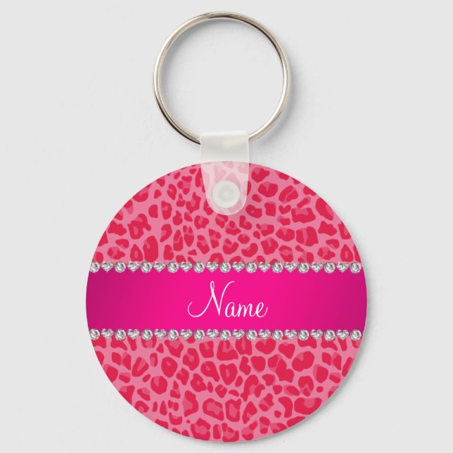 Personalised name pink leopard pattern key ring (Front)