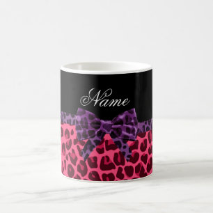 Personalised name pink leopard pattern purple bow coffee mug