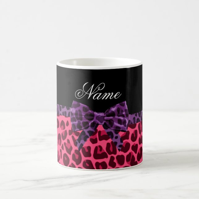 Personalised name pink leopard pattern purple bow coffee mug (Center)