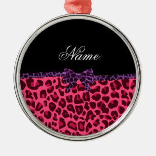 Personalised name pink leopard pattern purple bow metal tree decoration