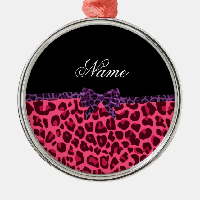 Personalised name pink leopard pattern purple bow metal tree decoration (Front)