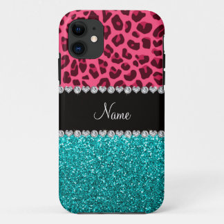 Personalised name pink leopard turquoise glitter iPhone 11 case