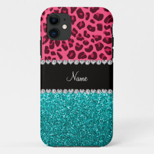 Personalised name pink leopard turquoise glitter Case-Mate iPhone case