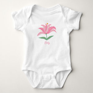 Personalised name pink lily flower baby bodysuit