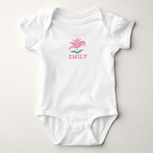 Personalised name pink lily flower baby bodysuit