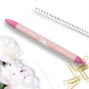 Personalised Name Pink Magical Unicorn Black Ink Pen
