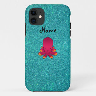Personalised name pink octopus turquoise glitter iPhone 11 case
