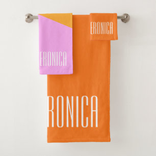 Personalised Name Pink Orange Yellow Geometric Bath Towel Set