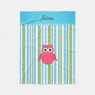 Personalised name pink owl blue green stripes fleece blanket
