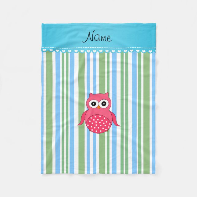 Personalised name pink owl blue green stripes fleece blanket (Front)