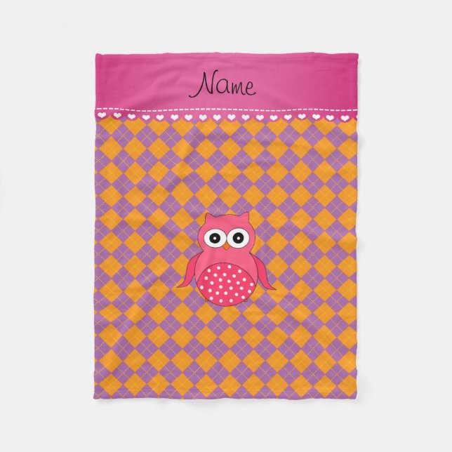 Personalised name pink owl purple orange argyle fleece blanket (Front)