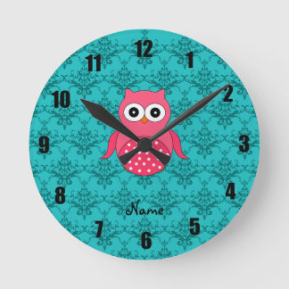 Personalised name pink owl turquoise damask round clock