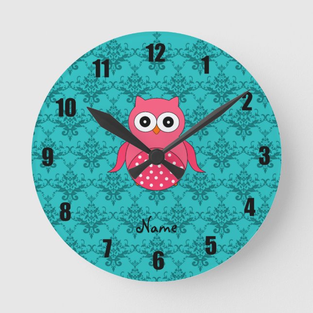 Personalised name pink owl turquoise damask round clock (Front)