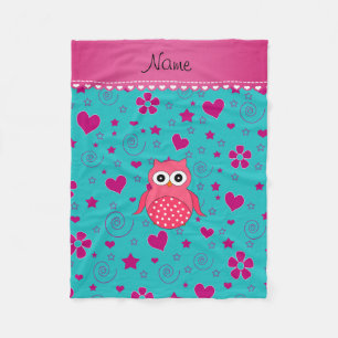 Personalised name pink owl turquoise pink hearts fleece blanket