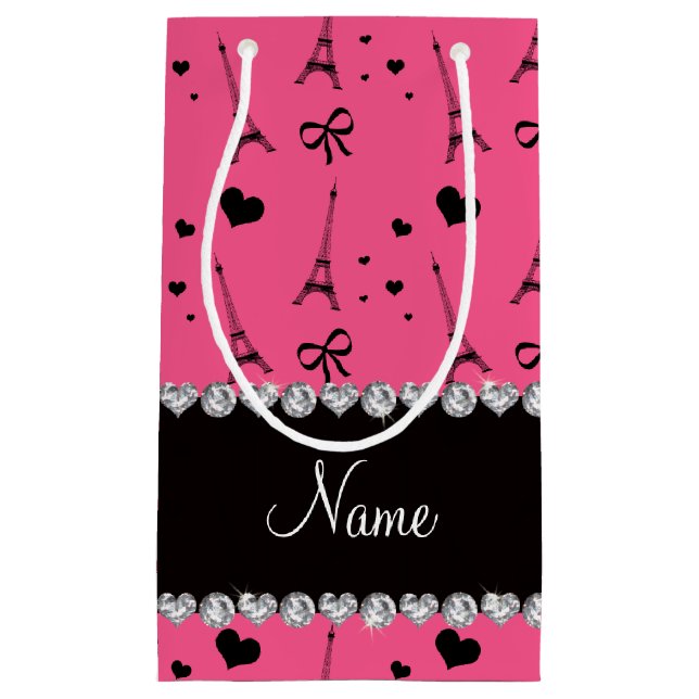 Personalised name pink paris eiffel tower small gift bag (Front)