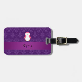 Personalised name pink penguin purple damask luggage tag