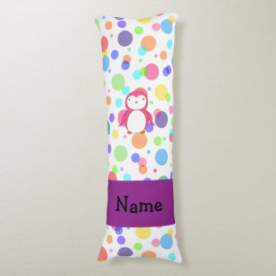 Personalised name pink penguin rainbow polka dots body cushion