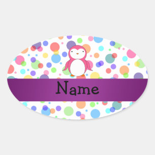 Personalised name pink penguin rainbow polka dots oval sticker