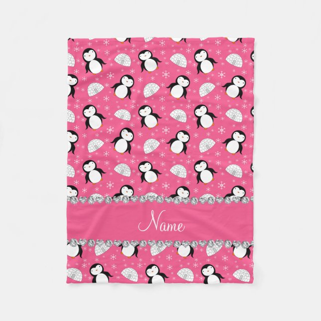 Personalised name pink penguins igloos snowflakes fleece blanket (Front)