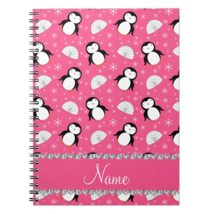 Personalised name pink penguins igloos snowflakes notebook