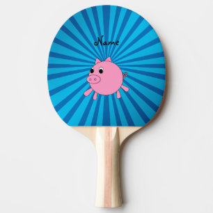 Personalised name pink pig blue sunburst ping pong paddle