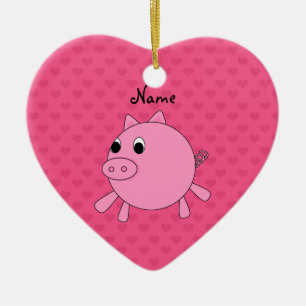 Personalised name pink pig hearts ceramic tree decoration