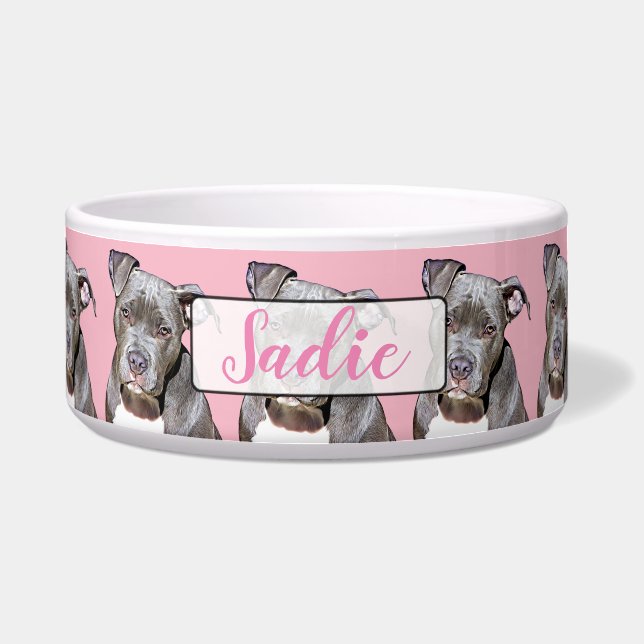 Personalised Name Pink Pit bull  Dog Bowl (Front)