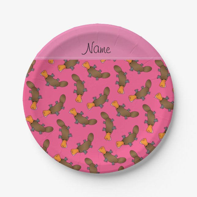 Personalised name pink platypus pattern paper plate (Front)