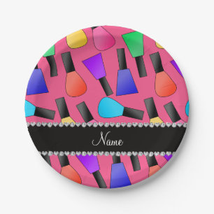 Personalised name pink rainbow nail polish paper plate