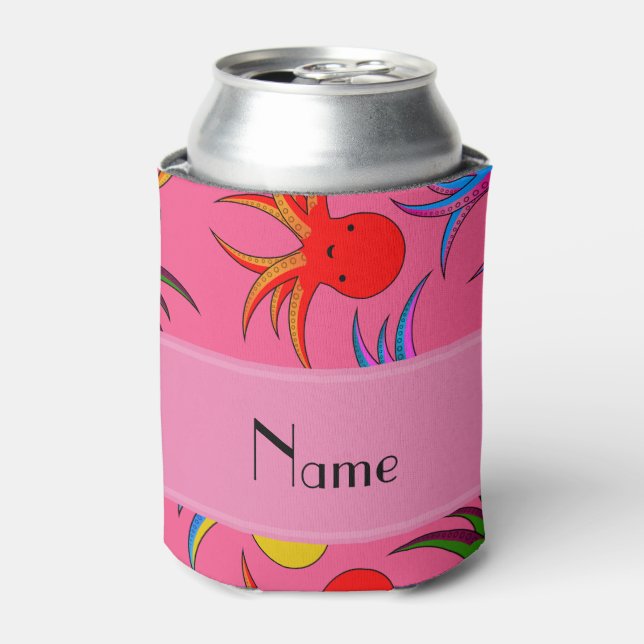 Personalised name pink rainbow octopus can cooler (Can Front)