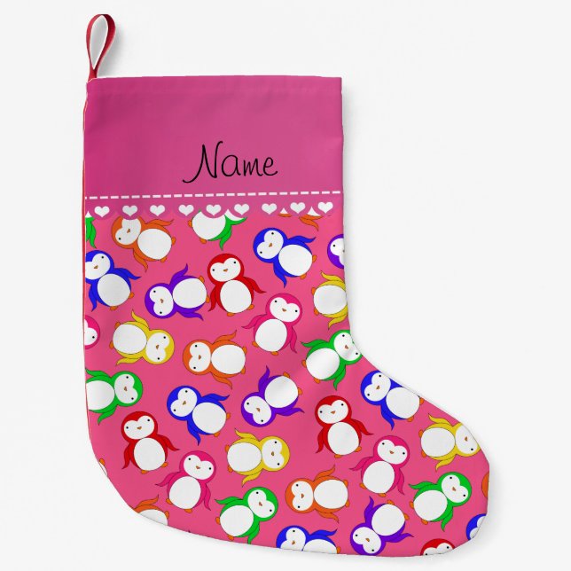 Personalised name pink rainbow penguins small christmas stocking (Front)