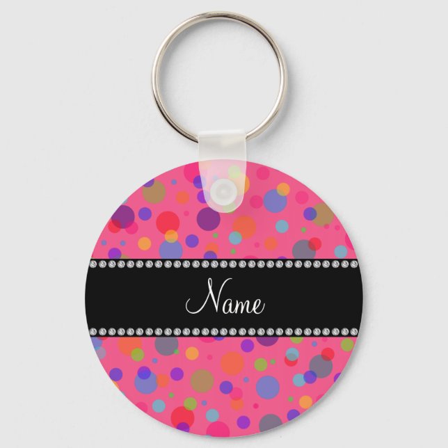 Personalised name pink rainbow polka dots key ring (Front)